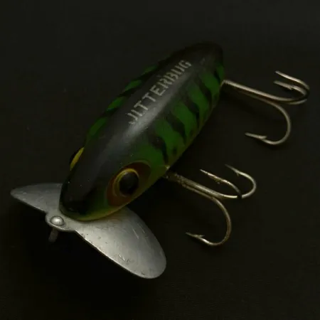 Fred Arbogast Jitterbug Early Bug Eye, 14 g, Green Tiger, hladinový crawler #23902
