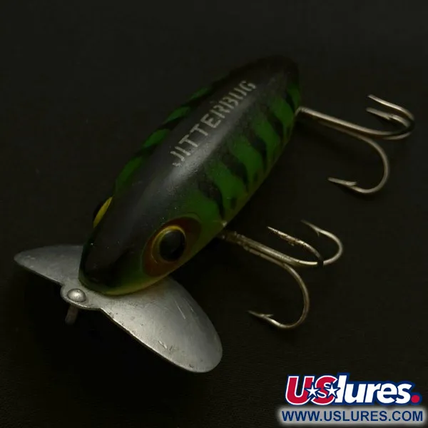 Fred Arbogast Jitterbug Early Bug Eye, 14 g, Green Tiger, hladinový crawler #23902